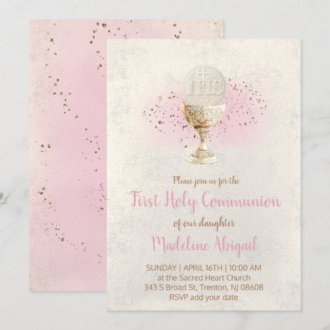 Invitación primera comunión brillo FAUX y acuarela rosa (Anverso / Reverso)