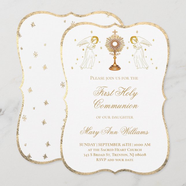 Invitación Primera Comunión católica ángeles Eucaristía (Anverso / Reverso)