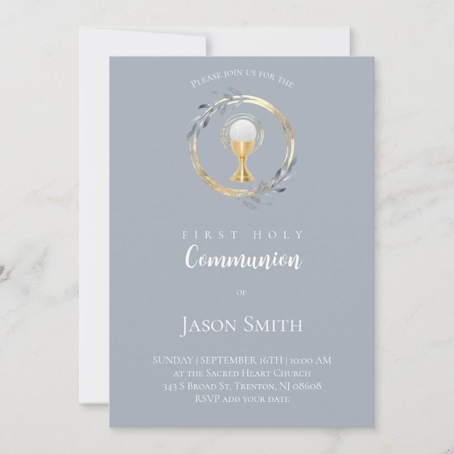 Invitación primera comunión católica círculo dorado (Anverso)