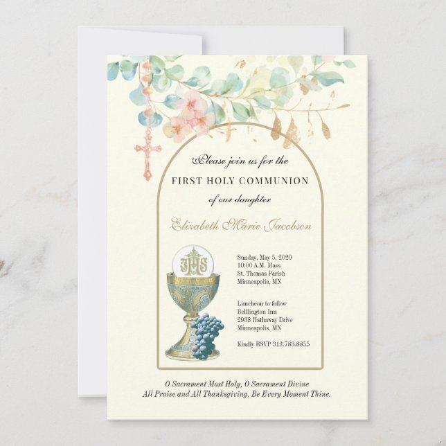 Invitación Primera Comunión Católica Floral Eucalyptus (Anverso)
