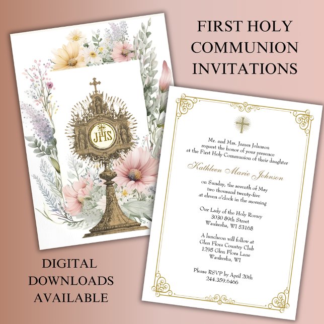 Invitación Primera Comunión Católica Monstrance Floral (Subido por el creador)