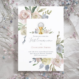 Invitación Primera Comunión católica ramos de flores delicada