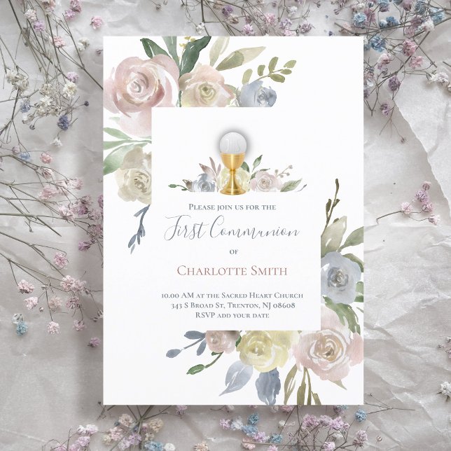 Invitación Primera Comunión católica ramos de flores delicada (Subido por el creador)