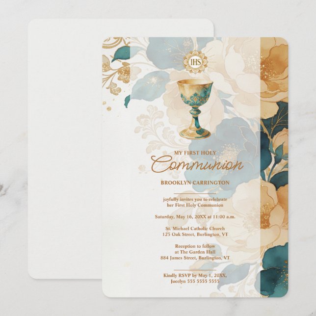 Invitación Primera Comunión Chic Turquesa Oro LPM26 (Anverso / Reverso)