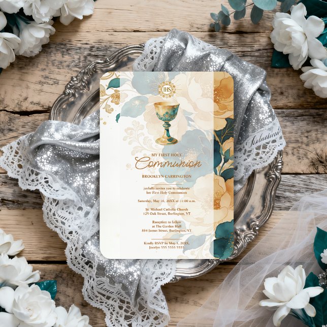 Invitación Primera Comunión Chic Turquesa Oro LPM26 (Chic Teal and Faux Gold First Holy Communion Invitation Card with Elegant Faux Metallic Chalice.)