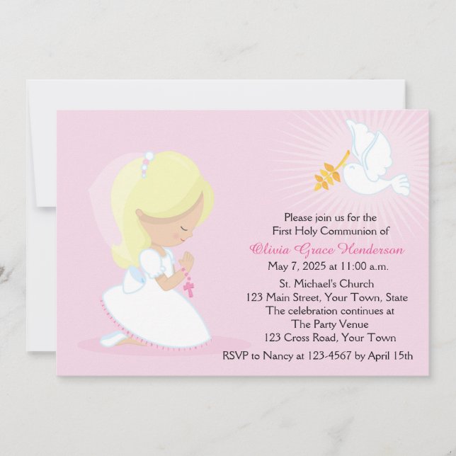 Invitación Primera comunión, Chica rubio, rosa (Anverso)