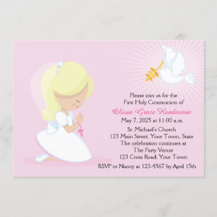 Invitación Primera Comunión, Chica rubio, rosa