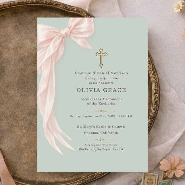 Invitación Primera Comunión Cinta Verde Menta Niña  (Subido por el creador)