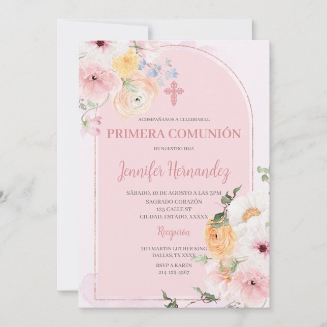 Invitación Primera comunión color rosa con flores (Anverso)