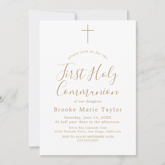 Invitación Primera Comunión con Caligrafía Dorada Delicada  (Anverso)