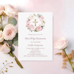 Invitación Primera Comunión con florales rosadas sonrosadas