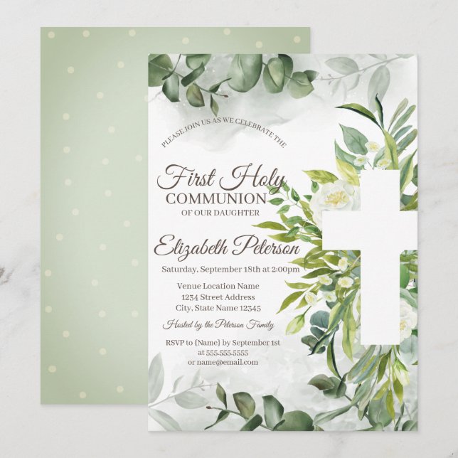 Invitación Primera Comunión con vegetación de eucalipto (Anverso / Reverso)