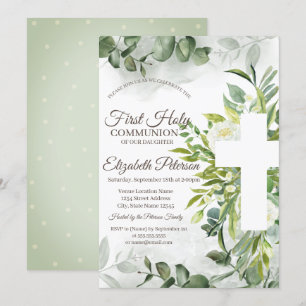 Invitación Primera Comunión con vegetación de eucalipto