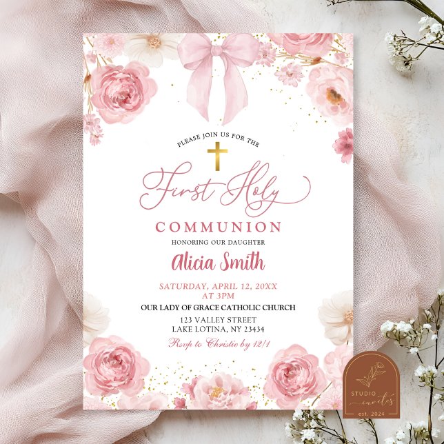Invitación Primera Comunión Coquette con Lazo Rosa (Subido por el creador)