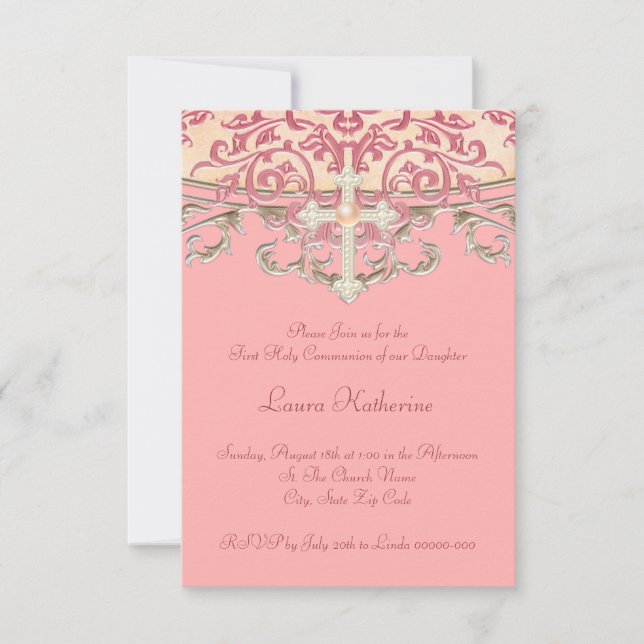 Invitación Primera Comunión Coral de Melocotón Elegante (Anverso)
