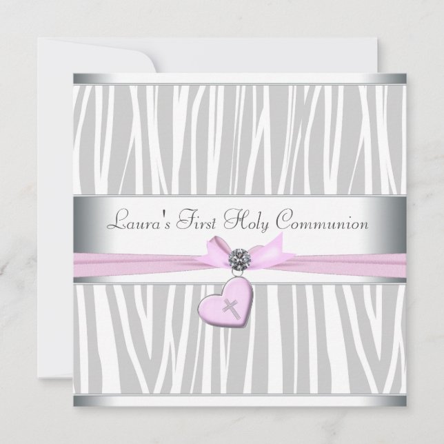 Invitación Primera Comunión Corazón de Cebra Rosa Blanco Cruz (Anverso)