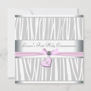 Invitación Primera Comunión Corazón de Cebra Rosa Blanco Cruz