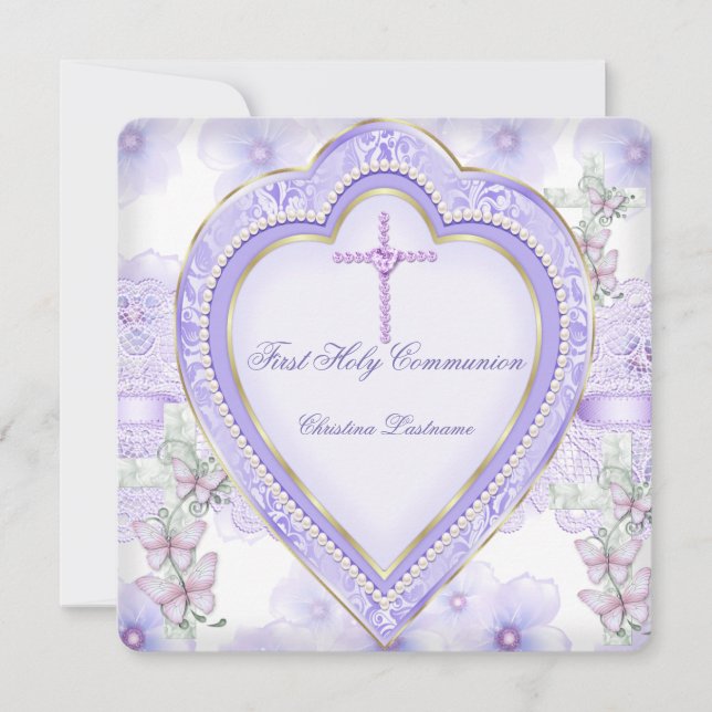 Invitación Primera Comunión Corazón Rosa Morado Niña 2 (Anverso)