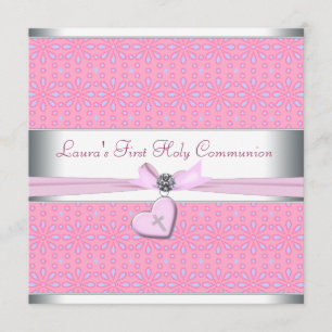Invitación Primera Comunión Corazón Rosa y Lila Cruz Rosa