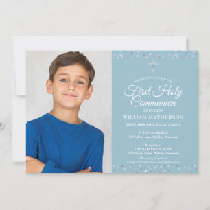 Invitación Primera Comunión Corazones de Plata Modernos Foto