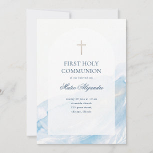 Invitación Primera Comunión Cruz Arqueada Aquarela Azul