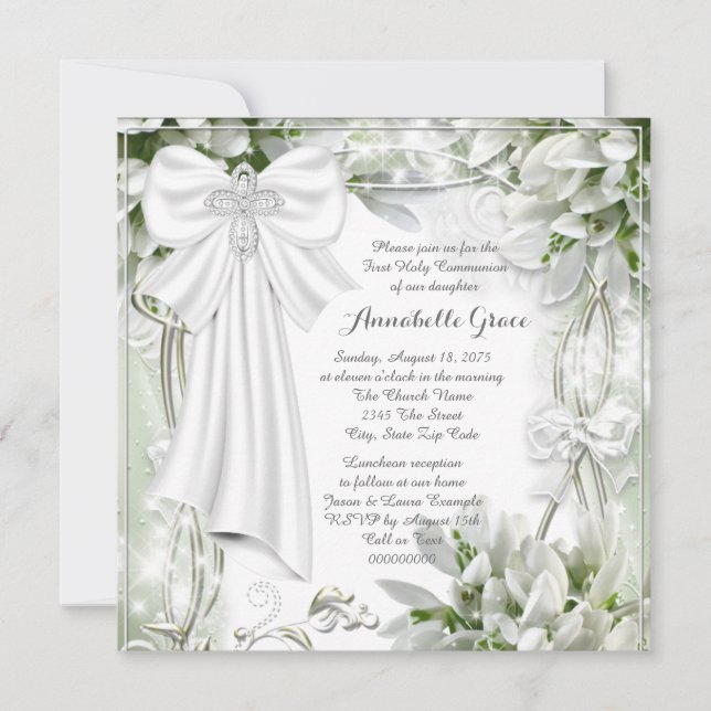 Invitación Primera Comunión Cruz Blanca Floral (Anverso)