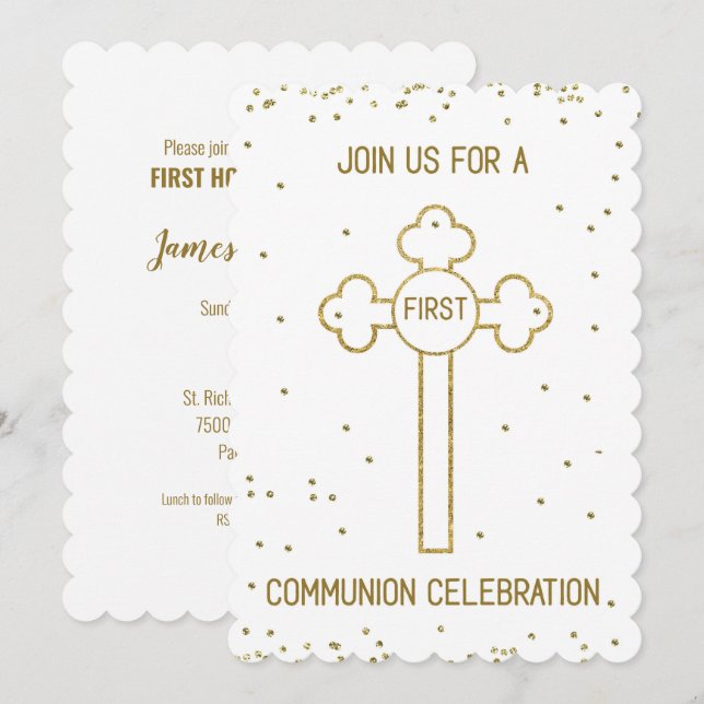Invitación Primera Comunión Cruz de aspecto dorado (Anverso / Reverso)