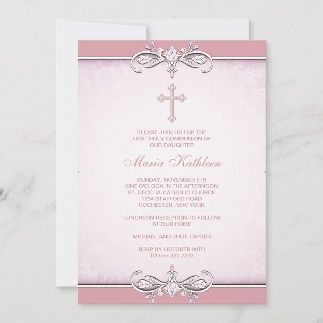 Invitación Primera Comunión Cruz de Damasco Rosa (Anverso)