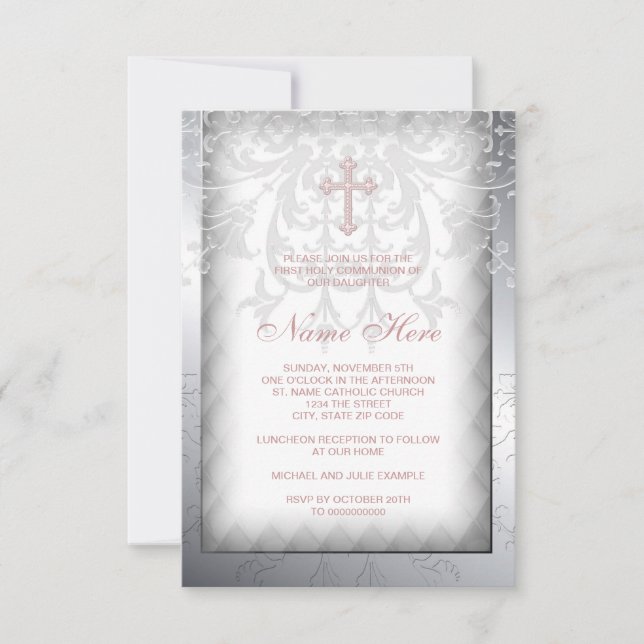Invitación Primera Comunión Cruz de Damasco Rosa (Anverso)