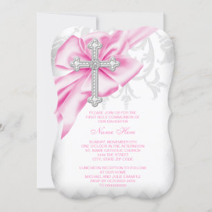 Invitación Primera Comunión Cruz de Damasco Rosa