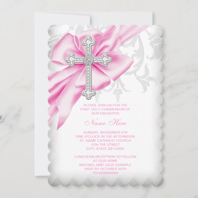 Invitación Primera Comunión Cruz de Damasco Rosa (Anverso)