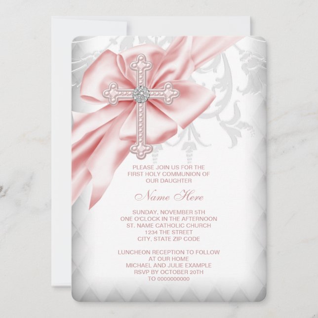 Invitación Primera Comunión Cruz de Damasco Rosa (Anverso)