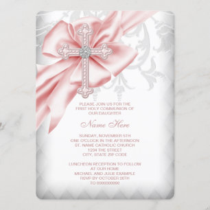Invitación Primera Comunión Cruz de Damasco Rosa