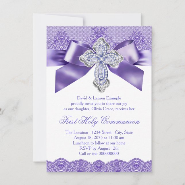Invitación Primera Comunión Cruz de Encaje Púrpura (Anverso)