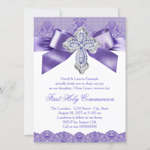 Invitación Primera Comunión Cruz de Encaje Púrpura