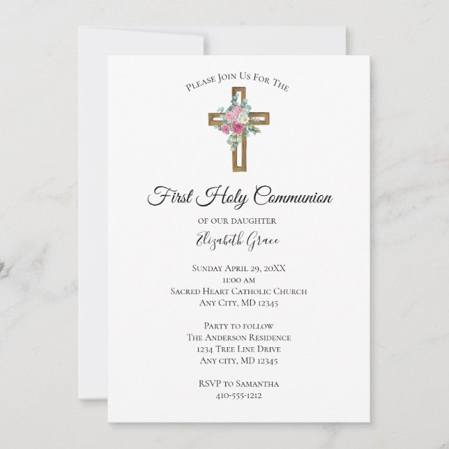 Invitación Primera Comunión Cruz de Madera Flores (Anverso)