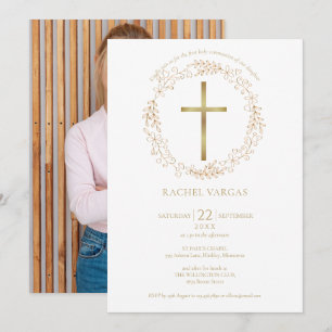 Invitación Primera Comunión Cruz de Oro Floral Foto