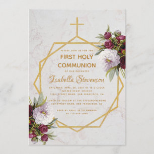 Invitación Primera Comunión Cruz de Oro Peonías Borgoña Mármo