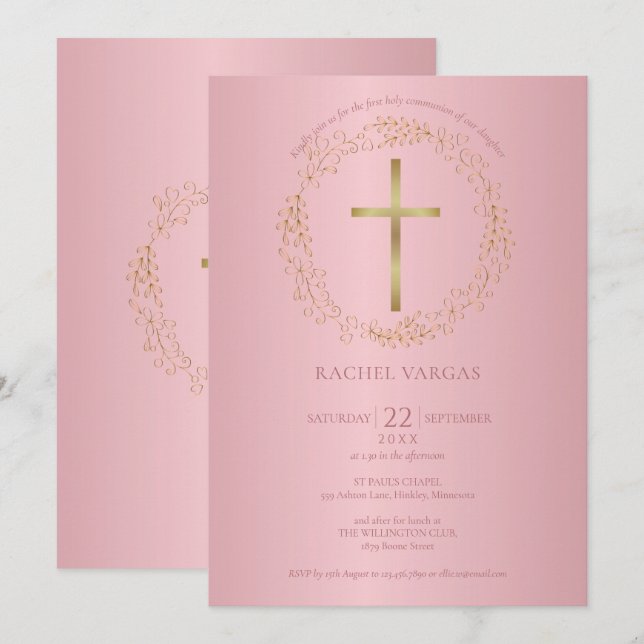 Invitación Primera Comunión Cruz de Oro Rosa Floral (Anverso / Reverso)