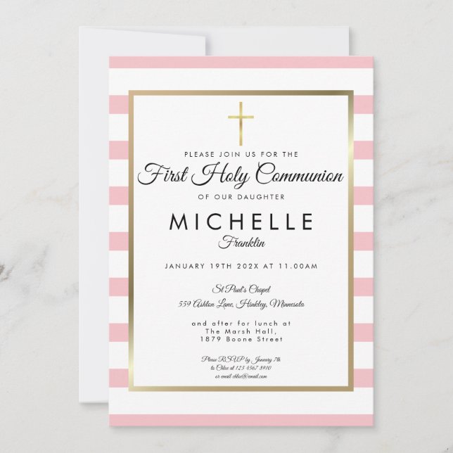 Invitación Primera Comunión Cruz Dorada con Raya Rosa (Anverso)