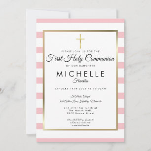 Invitación Primera Comunión Cruz Dorada con Raya Rosa