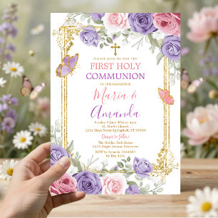 Invitación Primera Comunión Cruz Dorada Floral Rosa Púrpura