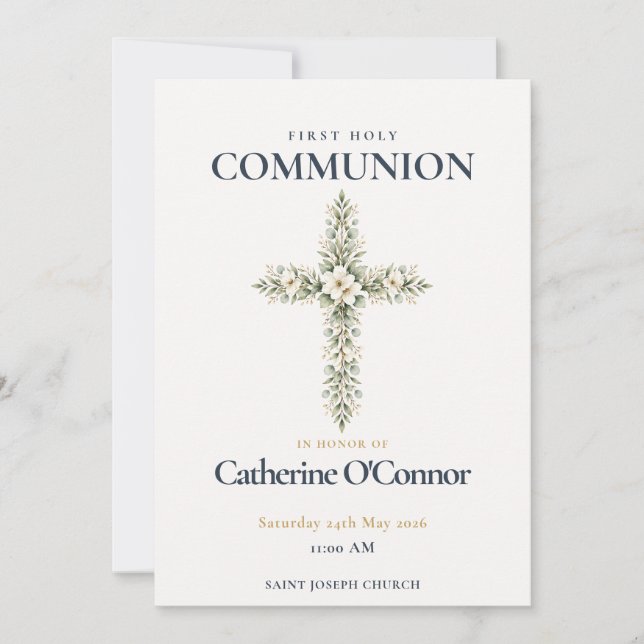 Invitación Primera Comunión Cruz Floral (Anverso)