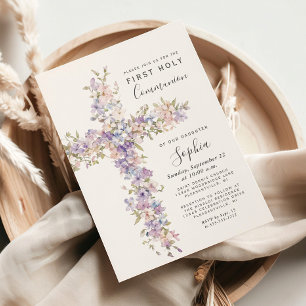 Invitación Primera Comunión Cruz Floral Acuarela Lila Rubor