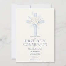 Invitación Primera Comunión, Cruz Floral Azul