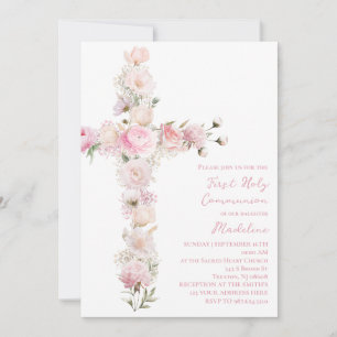 Invitación Primera Comunión cruz floral rosa