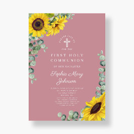 Invitación Primera Comunión Cruz Floral Rosa Moderna