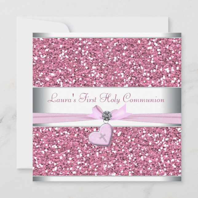 Invitación Primera Comunión Cruz Glitter Rosa (Anverso)