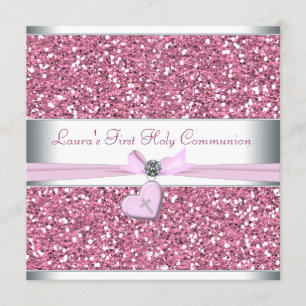 Invitación Primera Comunión Cruz Glitter Rosa