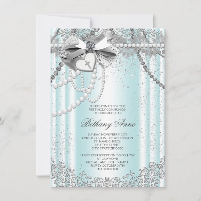 Invitación Primera Comunión Cruz Perla Azul Teal (Anverso)